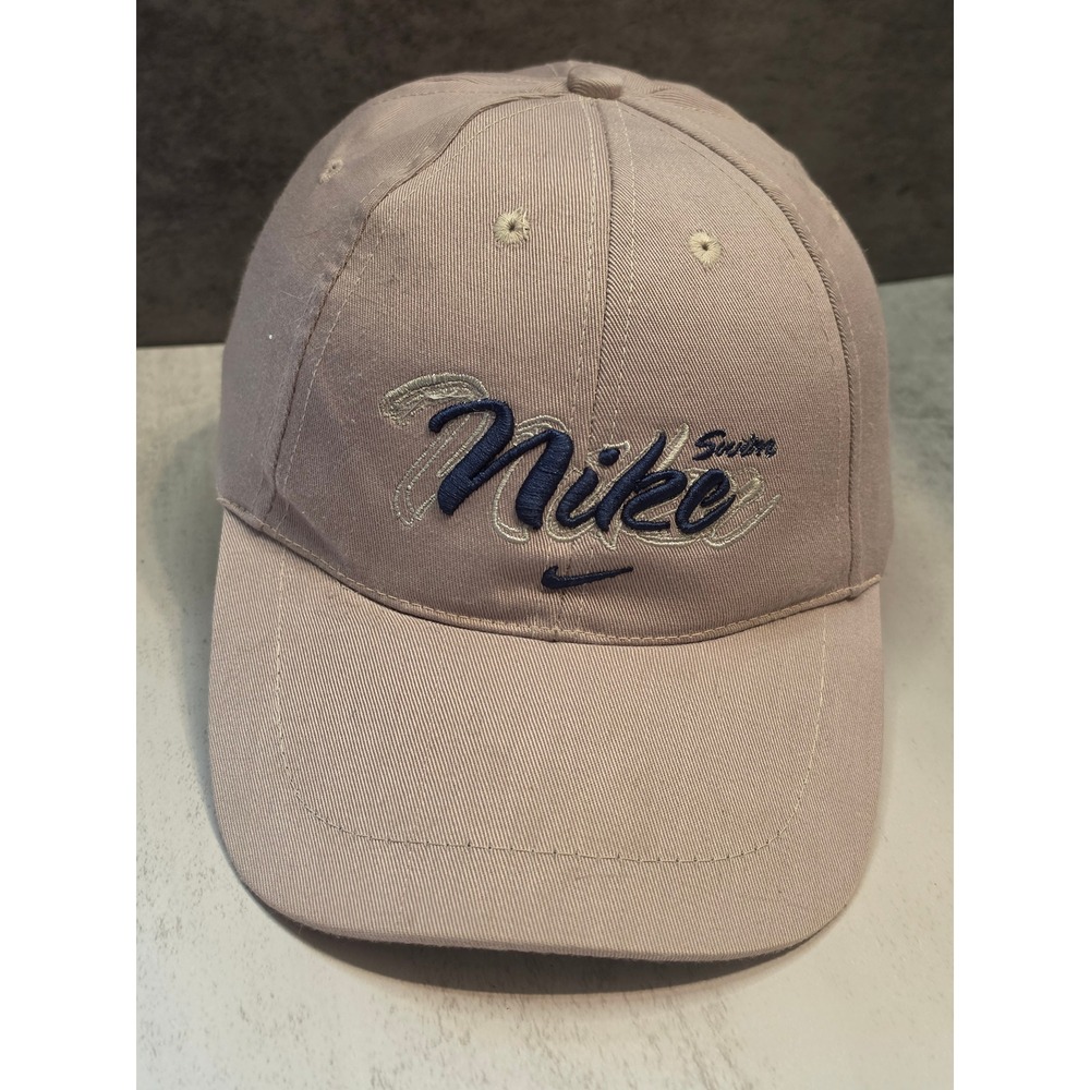 Nike Swim Mens Baseball Cap Tan Khaki Navy Blue Embroidered Logo Adjustable Hat